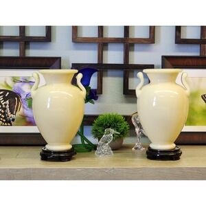Steuben Set Of Two Matching Greek Style Antique Vases W/Presentation Stands